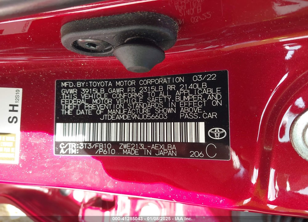 2022 TOYOTA COROLLA VIN: JTDEAMDE9NJ056603