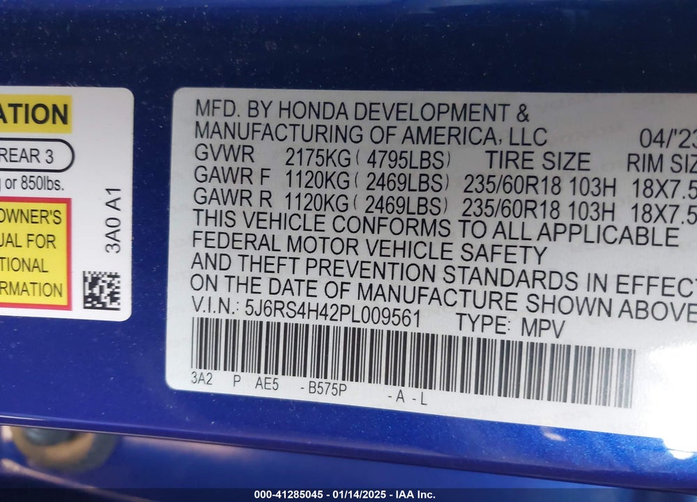2023 HONDA CR-V VIN: 5J6RS4H42PL009561