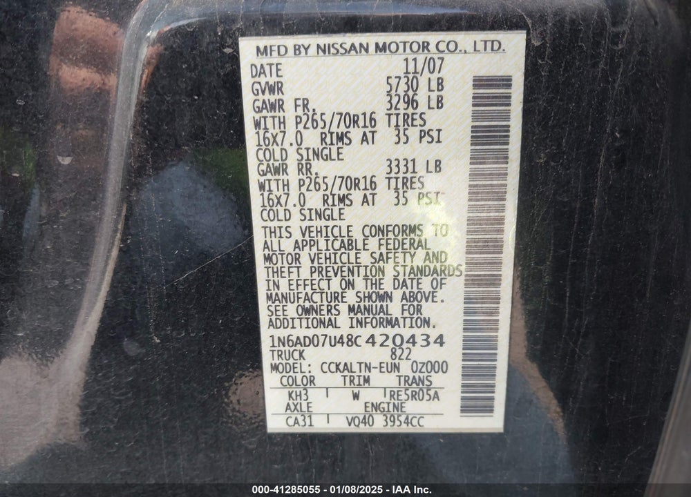2008 NISSAN FRONTIER SE VIN: 1N6AD07U48C420434
