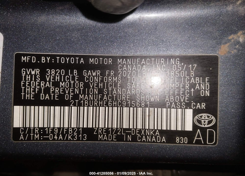 2017 TOYOTA COROLLA VIN: 2T1BURHE6HC915681