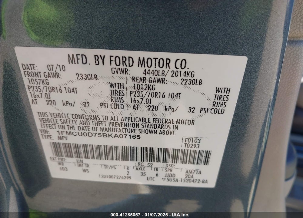 2011 FORD ESCAPE XLT VIN: 1FMCU0D75BKA07165