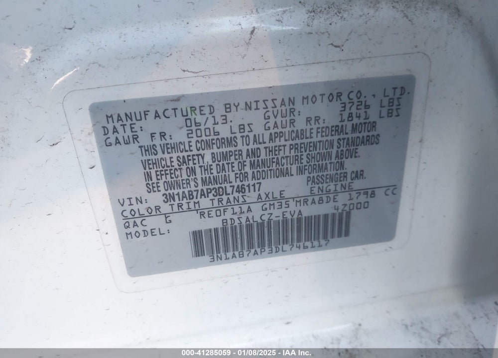 2013 NISSAN SENTRA S VIN: 3N1AB7AP3DL746117