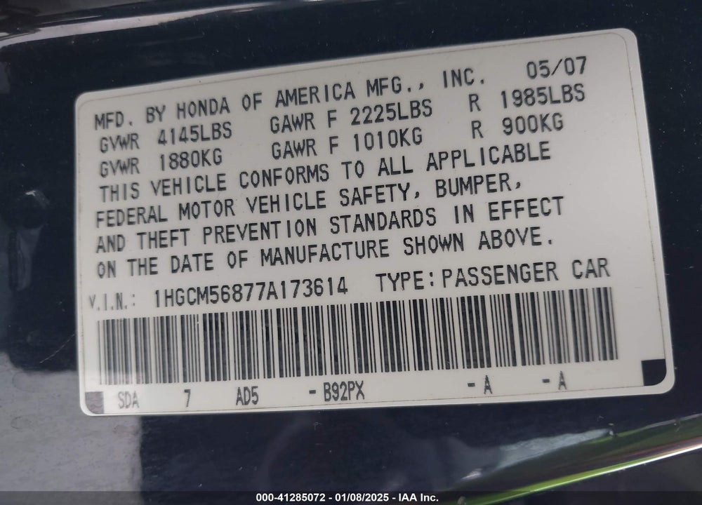 2007 HONDA ACCORD 2.4 EX VIN: 1HGCM56877A173614