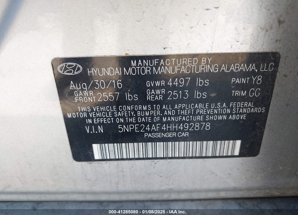 2017 HYUNDAI SONATA VIN: 5NPE24AF4HH492878