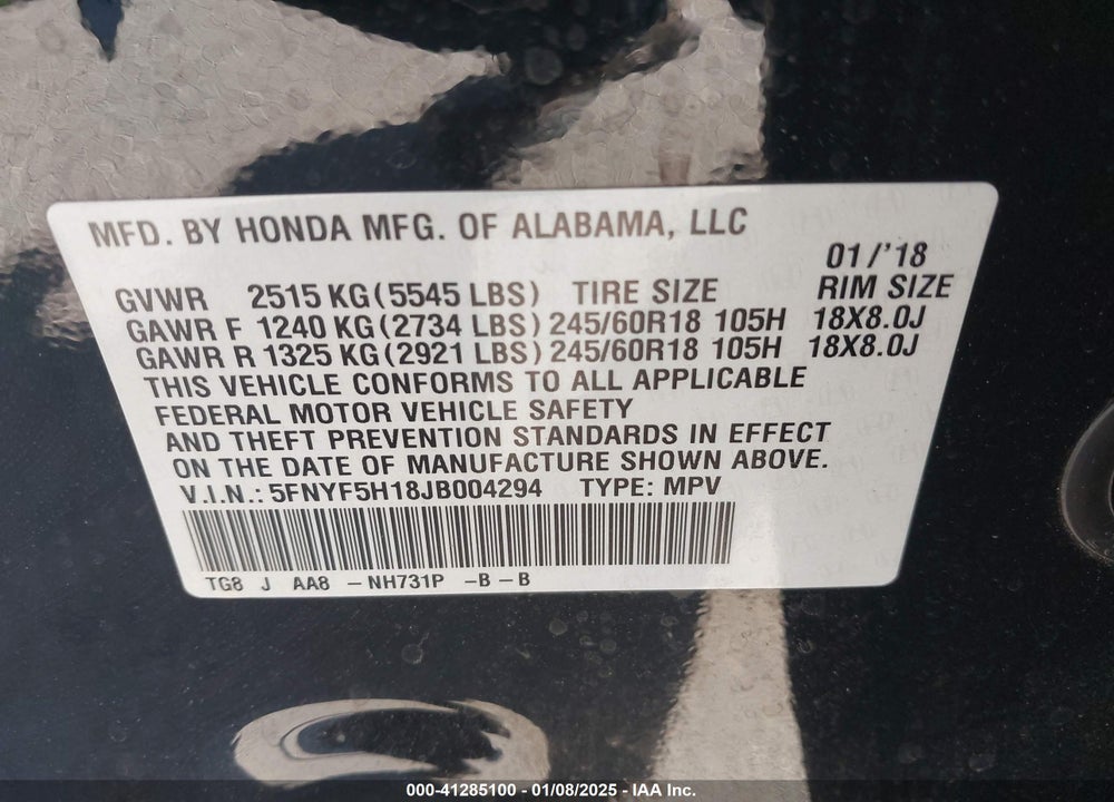 2018 HONDA PILOT LX VIN: 5FNYF5H18JB004294