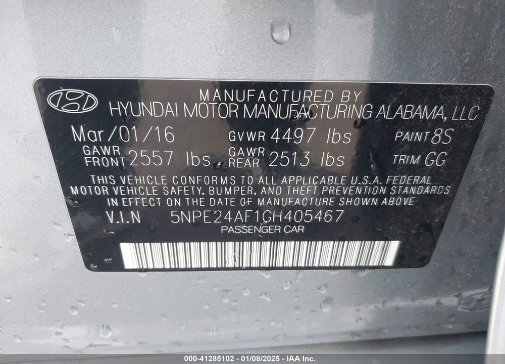 2016 HYUNDAI SONATA SE VIN: 5NPE24AF1GH405467