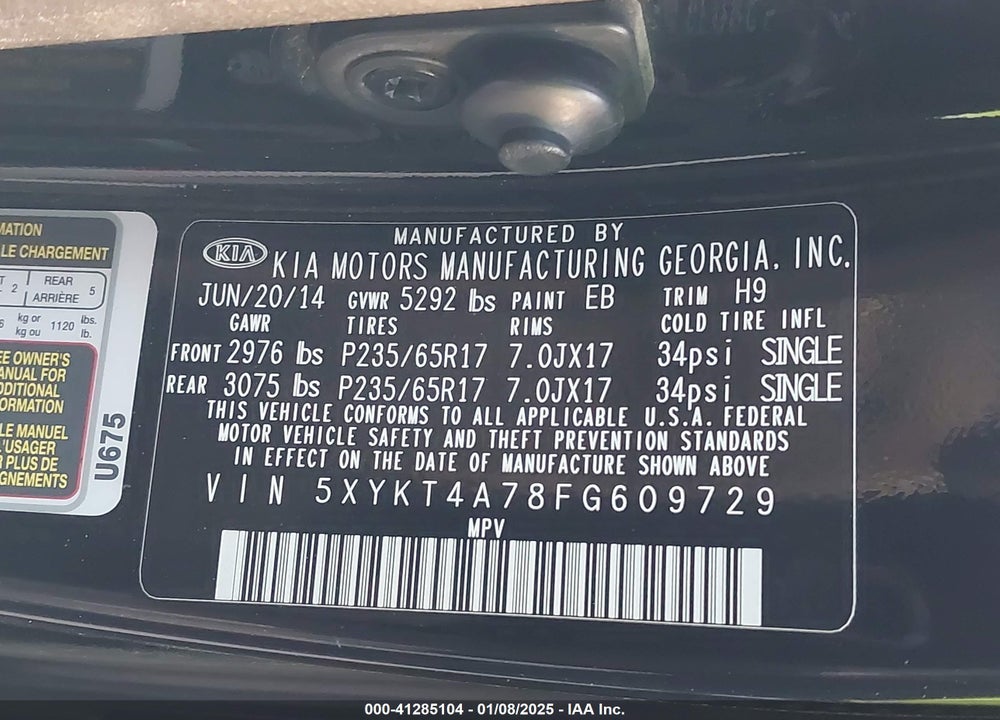 2015 KIA SORENTO LX V6 VIN: 5XYKT4A78FG609729