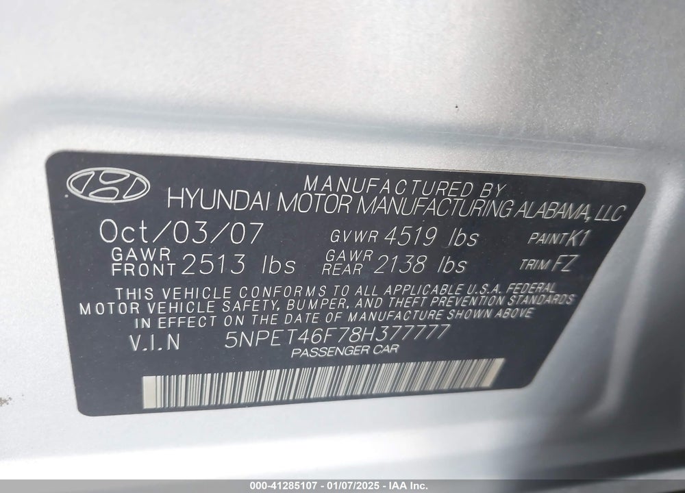 2008 HYUNDAI SONATA GLS V6 VIN: 5NPET46F78H377777