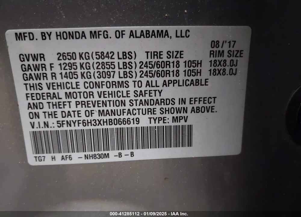 2017 HONDA PILOT EX VIN: 5FNYF6H3XHB066619