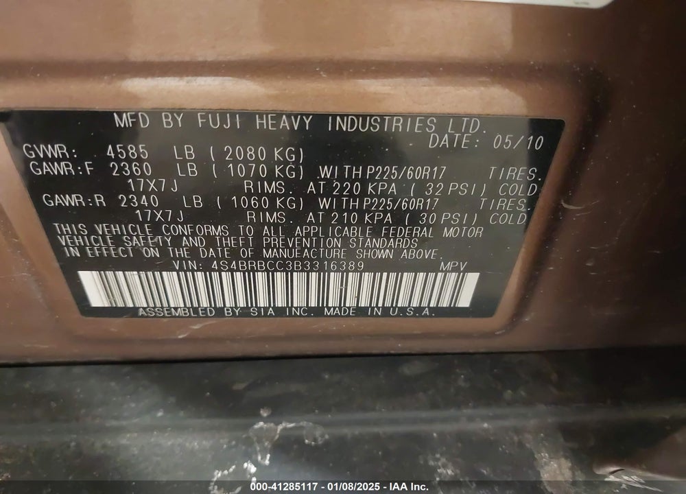 2011 SUBARU OUTBACK 2.5I PREMIUM VIN: 4S4BRBCC3B3316389