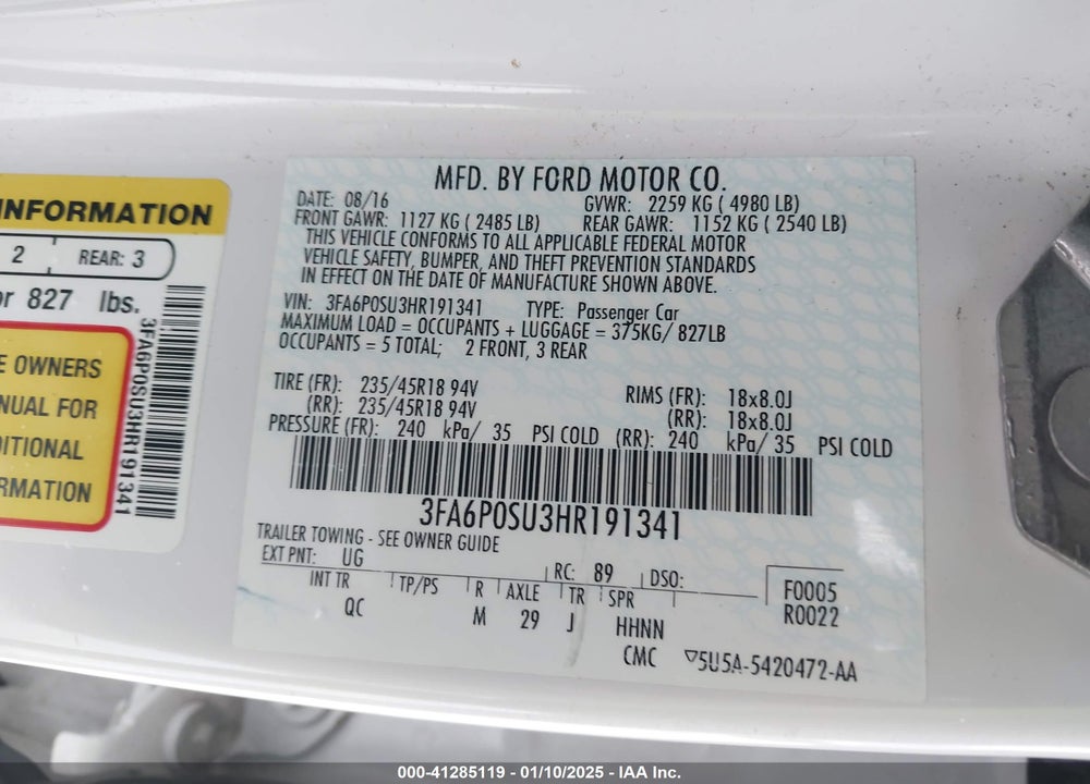2017 FORD FUSION ENERGI VIN: 3FA6P0SU3HR191341