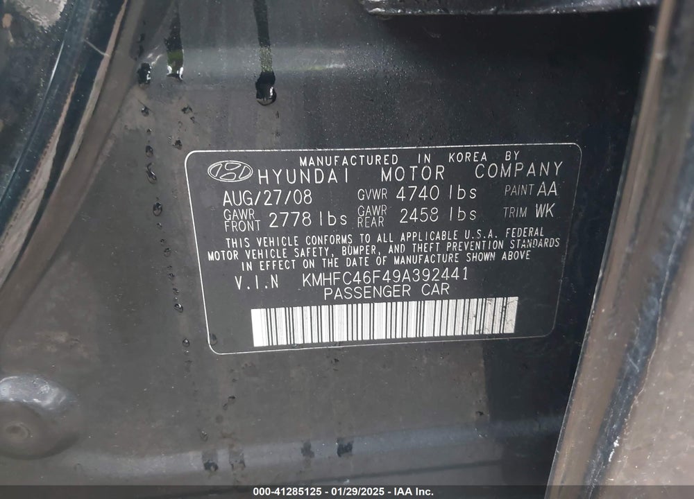2009 HYUNDAI AZERA VIN: KMHFC46F49A392441