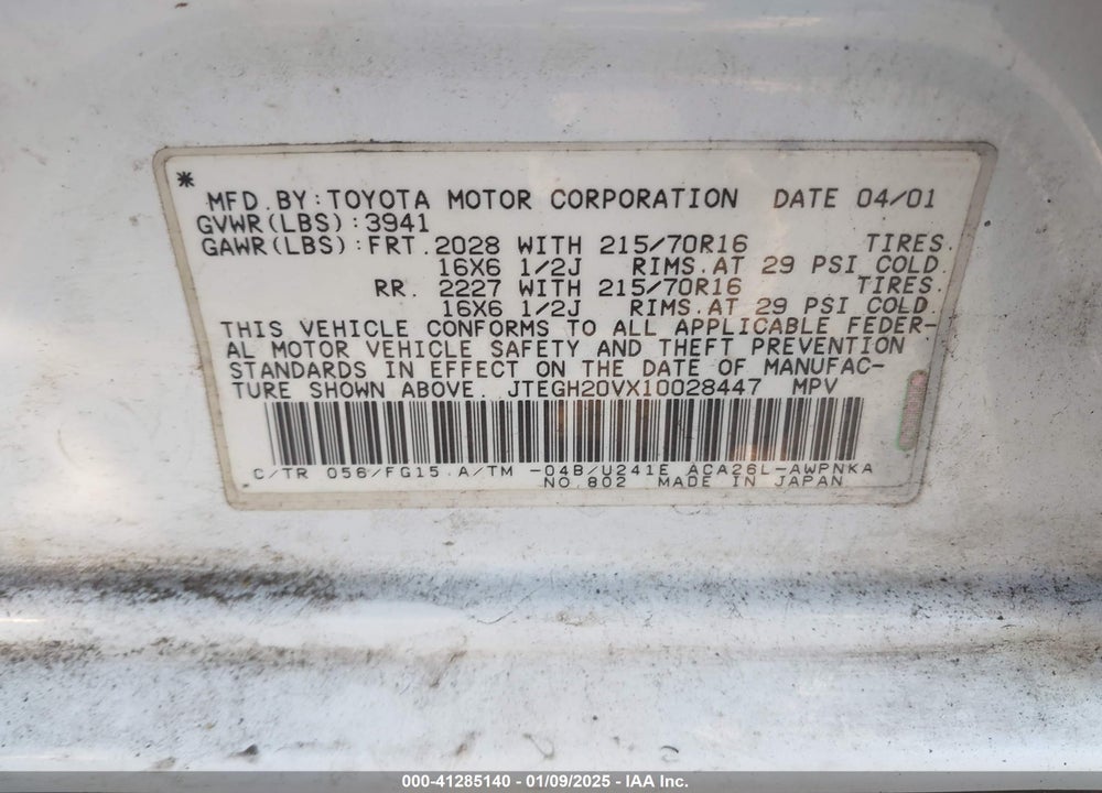 2001 TOYOTA RAV4 VIN: JTEGH20VX10028447