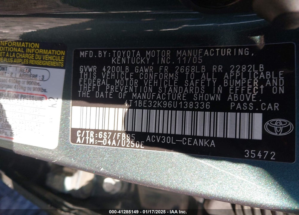 2006 TOYOTA CAMRY VIN: 4T1BE32K96U138336