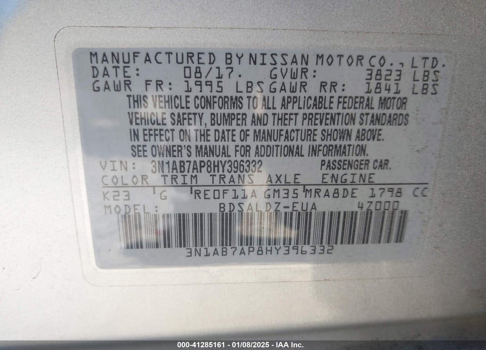 2017 NISSAN SENTRA SV VIN: 3N1AB7AP8HY396332