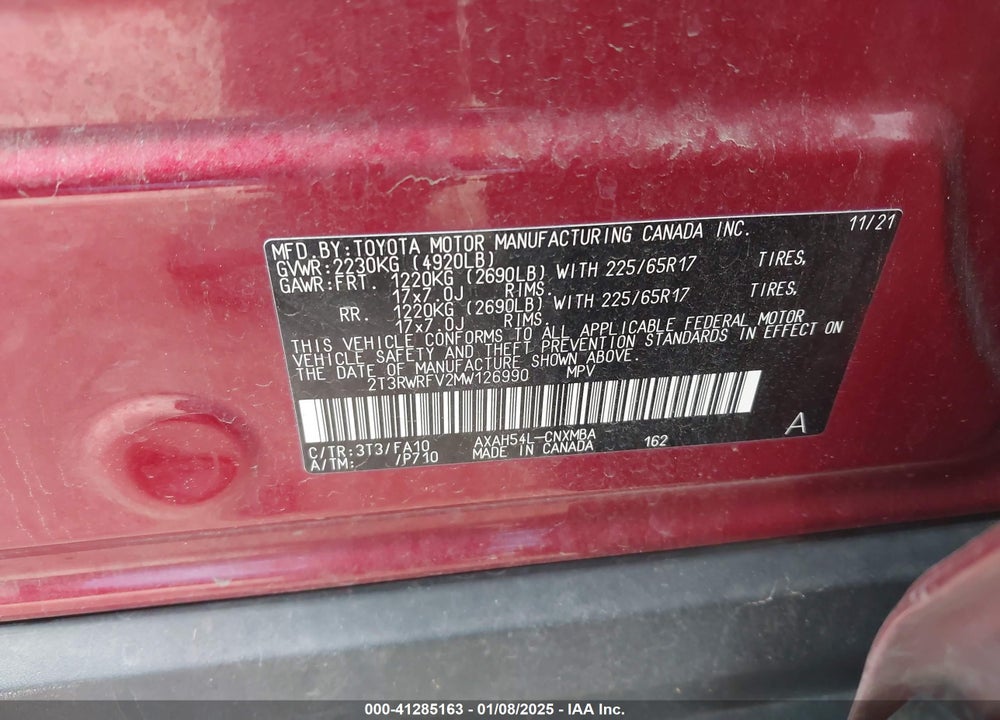 2021 TOYOTA RAV4 HYBRID XLE VIN: 2T3RWRFV2MW126990