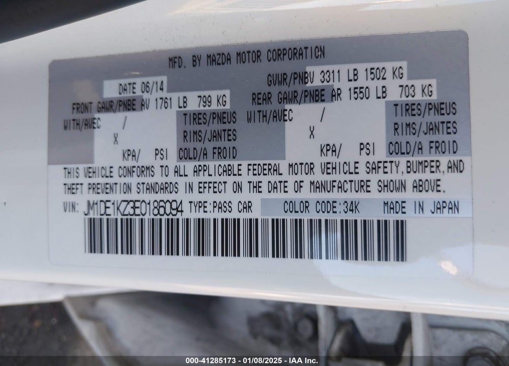 2014 MAZDA MAZDA2 VIN: JM1DE1KZ3E0186094