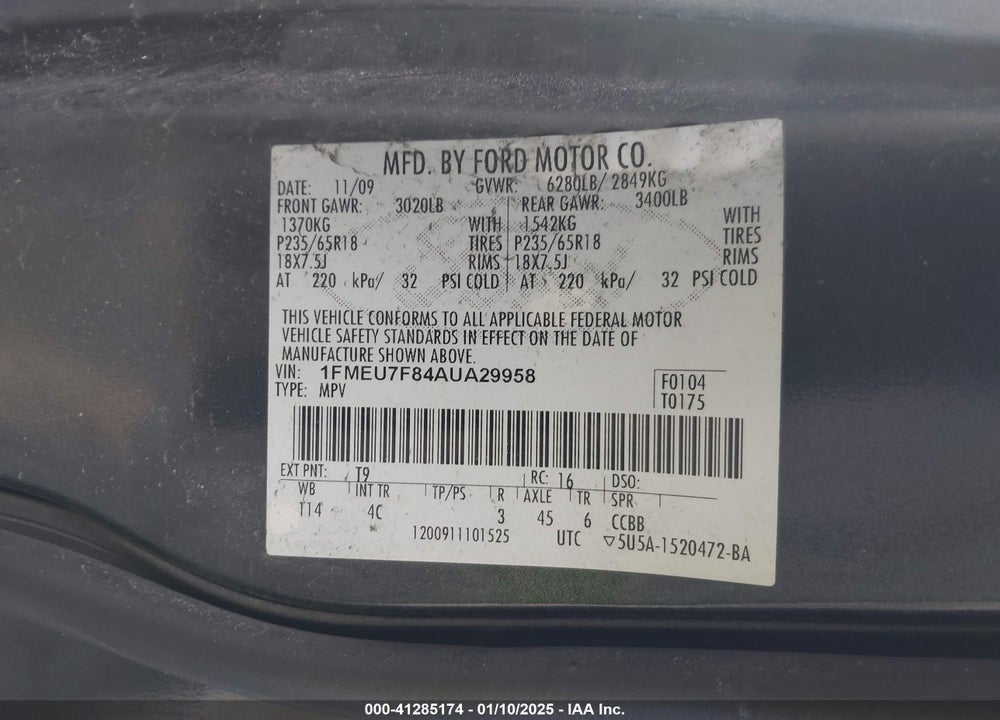 2010 FORD EXPLORER LIMITED VIN: 1FMEU7F84AUA29958