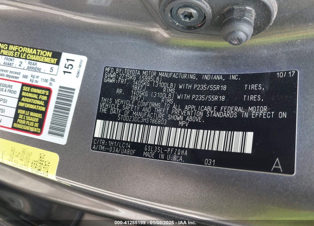 2017 TOYOTA SIENNA XLE LIMITED VIN: 5TDDZ3DC3HS186803