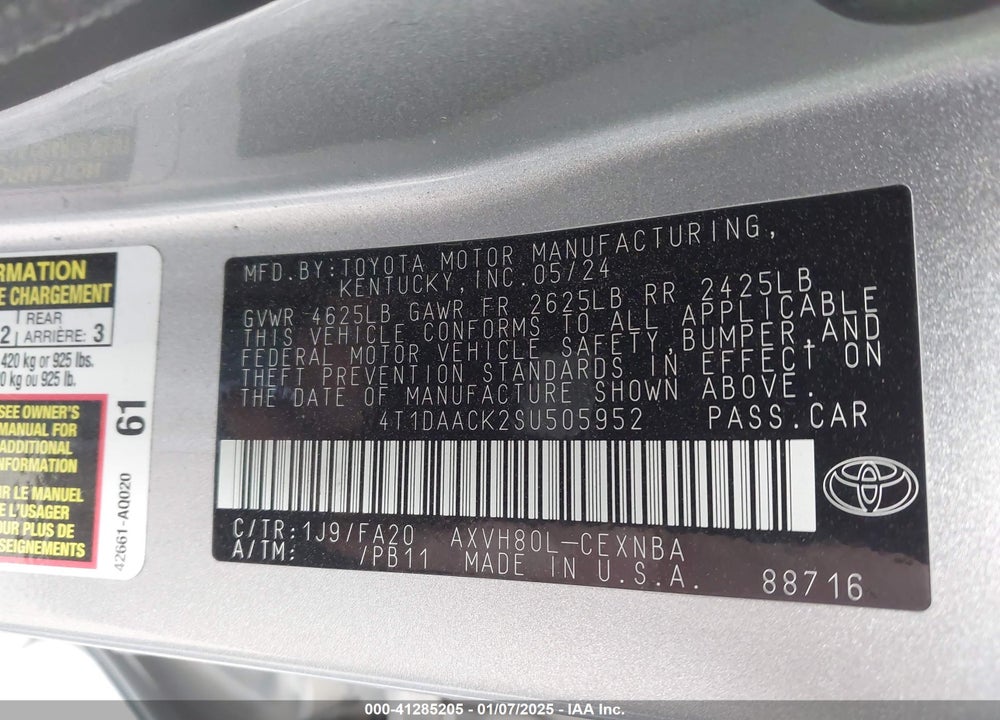 2025 TOYOTA CAMRY LE VIN: 4T1DAACK2SU505952