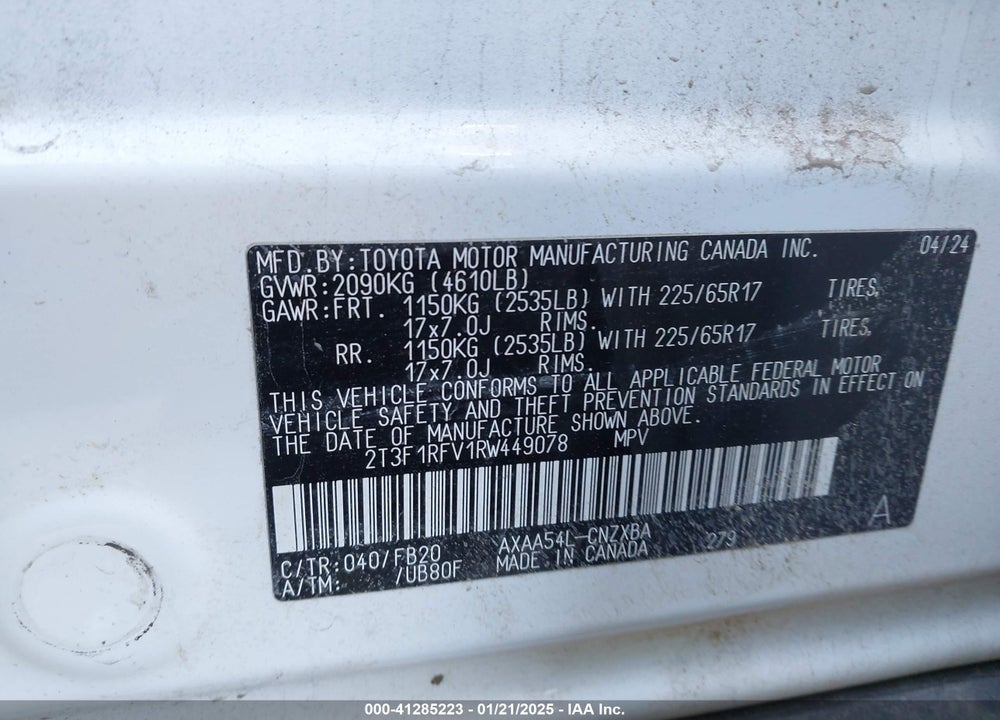 2024 TOYOTA RAV4 LE VIN: 2T3F1RFV1RW449078