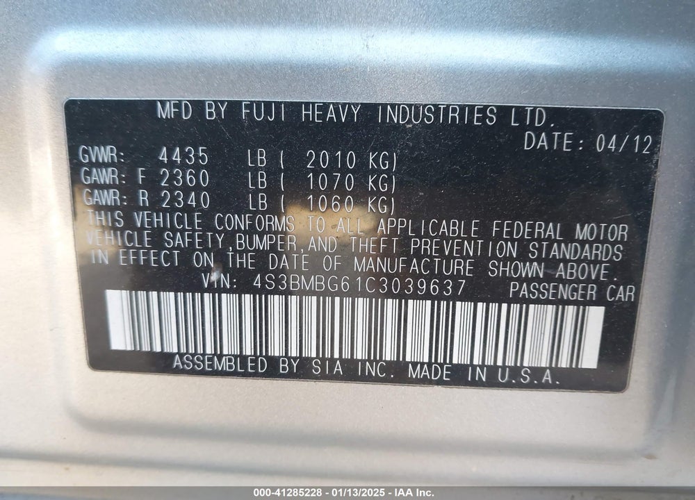 2012 SUBARU LEGACY VIN: 4S3BMBG61C3039637