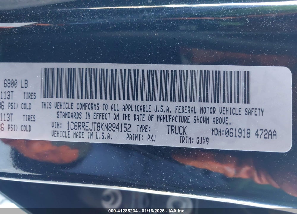 2019 RAM 1500 VIN: 1C6RREJT8KN894152