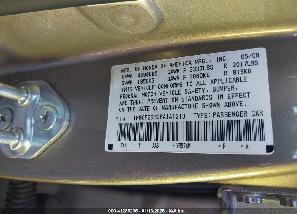 2008 HONDA ACCORD 2.4 LX VIN: 1HGCP26308A141213