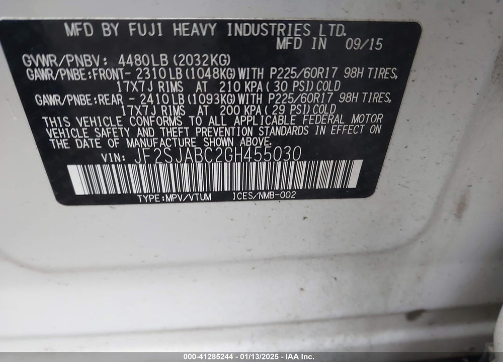 2016 SUBARU FORESTER 2.5I VIN: JF2SJABC2GH455030