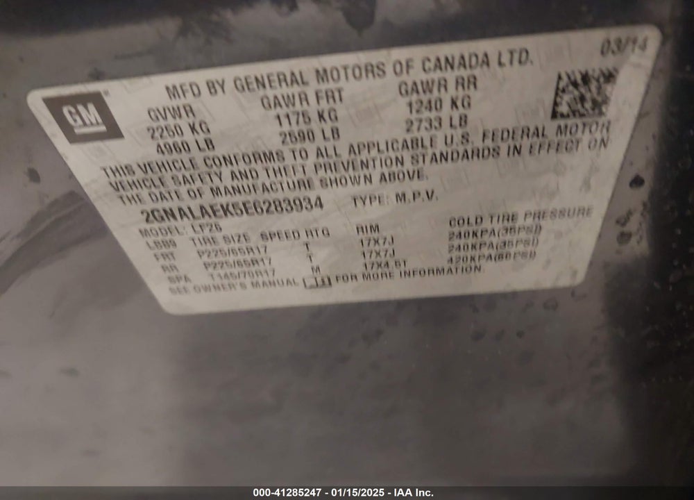 2014 CHEVROLET EQUINOX LS VIN: 2GNALAEK5E6283934
