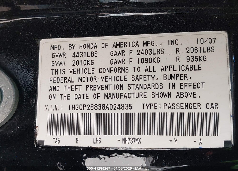 2008 HONDA ACCORD 2.4 EX-L VIN: 1HGCP26838A024835