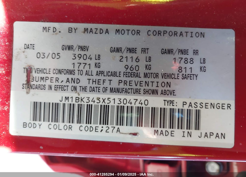 2005 MAZDA 3 S VIN: JM1BK343X51304740