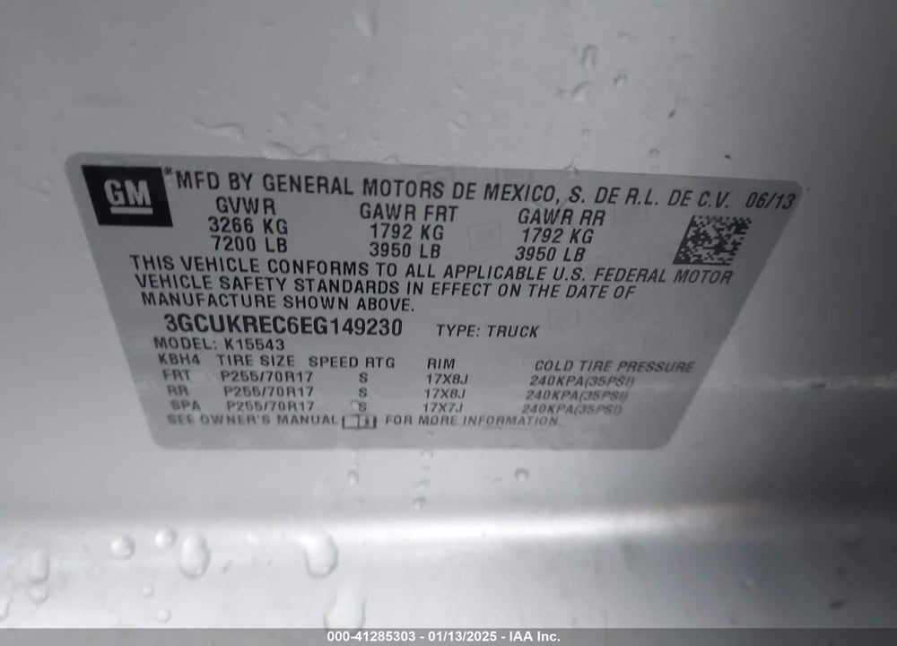 2014 CHEVROLET SILVERADO 1500 VIN: 3GCUKREC6EG149230