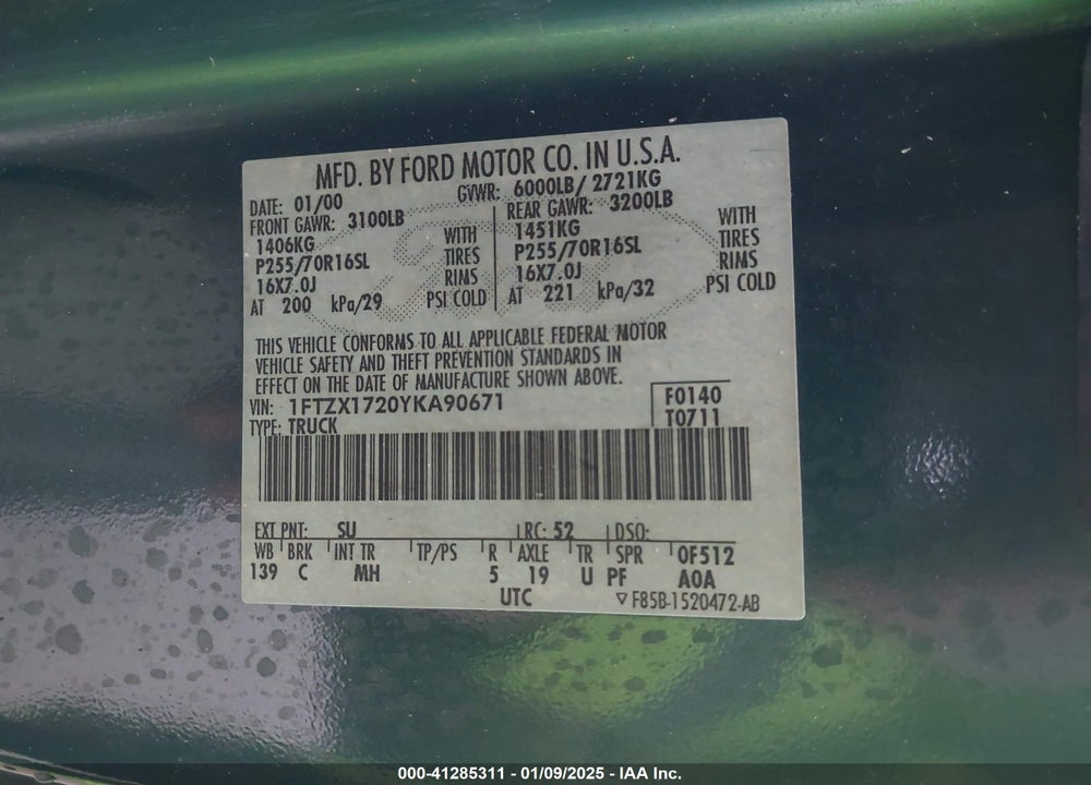 2000 FORD F-150 WORK SERIES/XL/XLT VIN: 1FTZX1720YKA90671