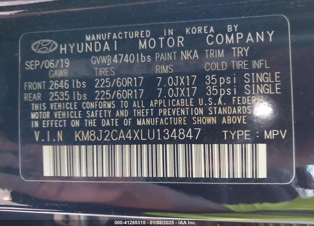 2020 HYUNDAI TUCSON SE VIN: KM8J2CA4XLU134847