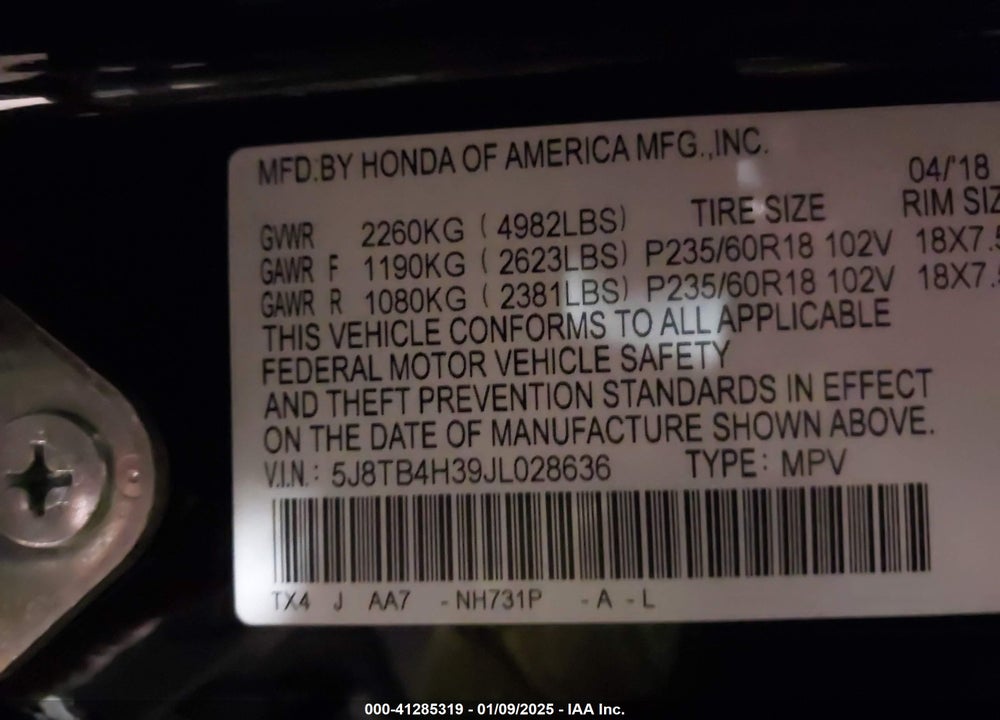 2018 ACURA RDX VIN: 5J8TB4H39JL028636