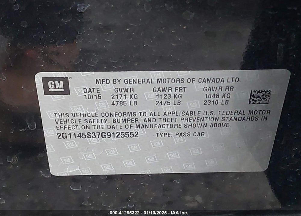 2016 CHEVROLET IMPALA VIN: 2G1145S37G9125552
