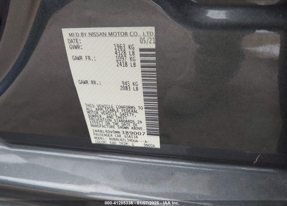 2021 NISSAN ALTIMA VIN: 1N4BL4DV0MN389007