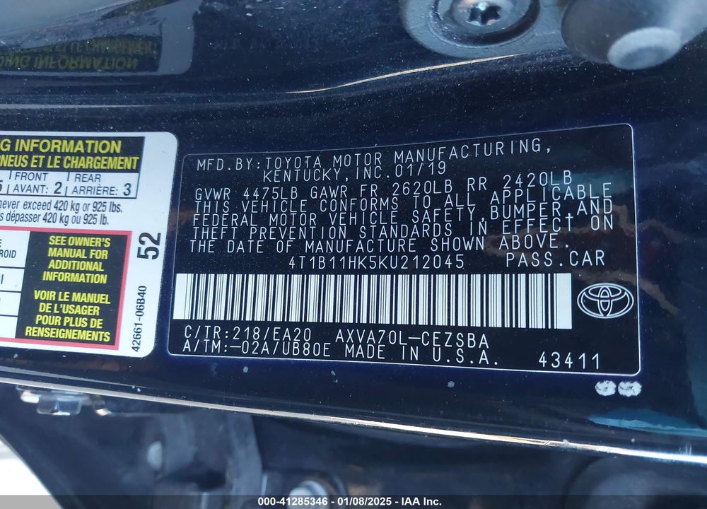 2019 TOYOTA CAMRY VIN: 4T1B11HK5KU212045