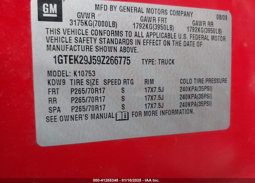 2009 GMC SIERRA 1500 SLE VIN: 1GTEK29J59Z266775