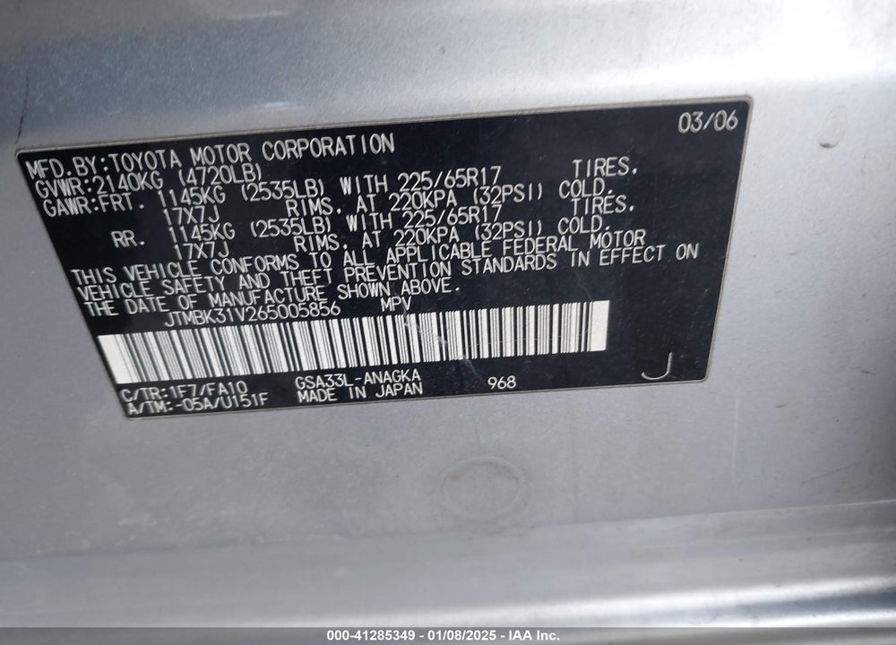 2006 TOYOTA RAV4 LIMITED V6 VIN: JTMBK31V265005856