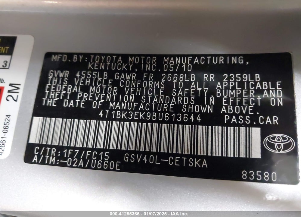 2011 TOYOTA CAMRY VIN: 4T1BK3EK9BU613644