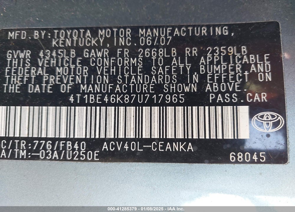 2007 TOYOTA CAMRY LE VIN: 4T1BE46K87U717965