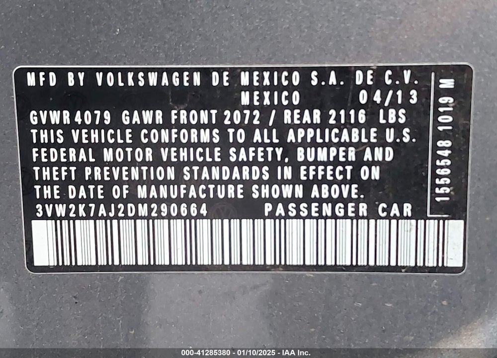 2013 VOLKSWAGEN JETTA VIN: 3VW2K7AJ2DM290664