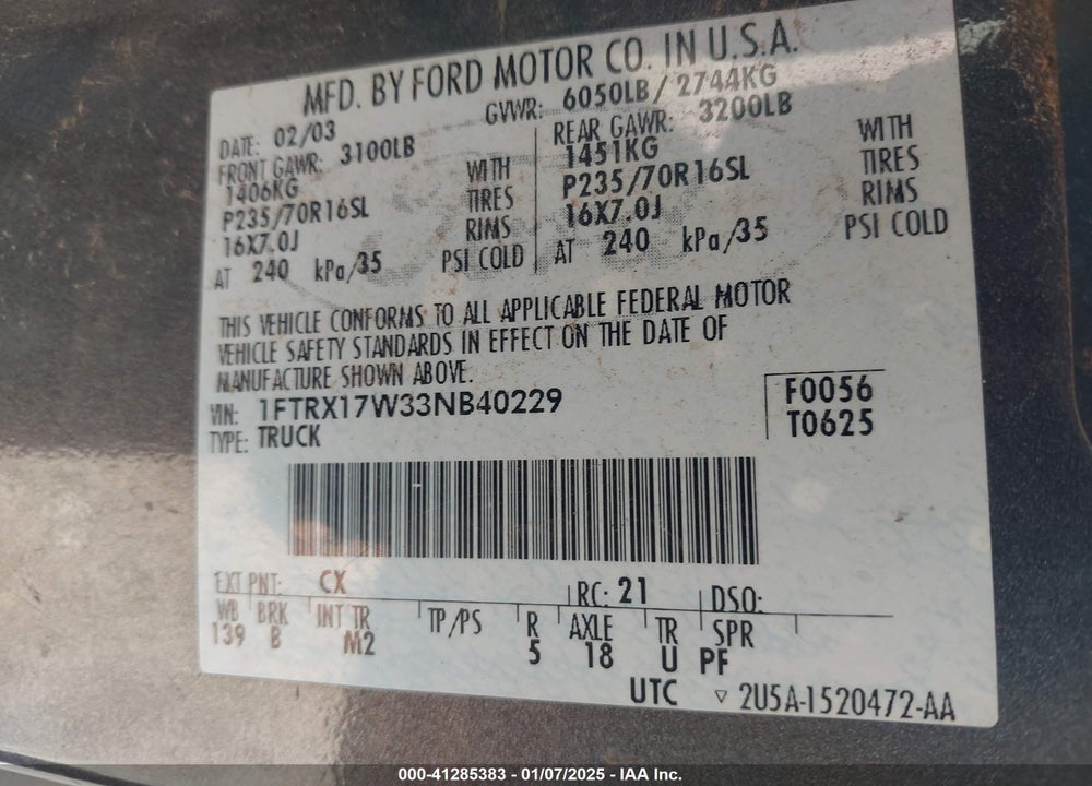 2003 FORD F-150 LARIAT/XL/XLT VIN: 1FTRX17W33NB40229