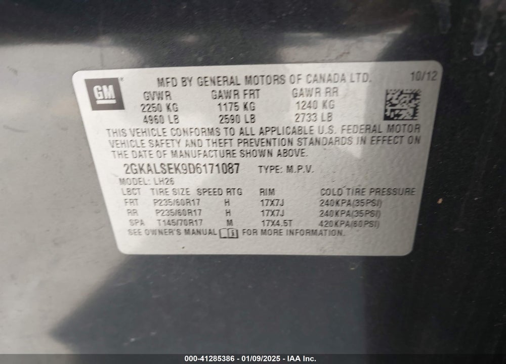 2013 GMC TERRAIN SLE-2 VIN: 2GKALSEK9D6171087