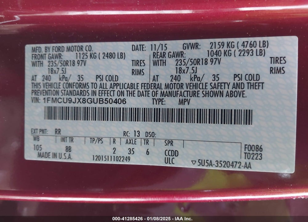 2016 FORD ESCAPE TITANIUM VIN: 1FMCU9JX8GUB50406