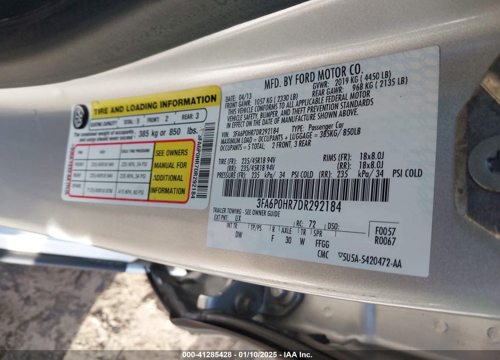 2013 FORD FUSION SE VIN: 3FA6P0HR7DR292184