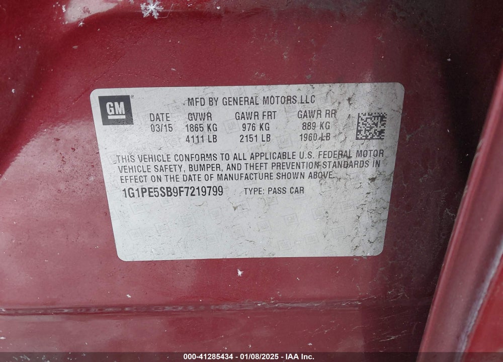 2015 CHEVROLET CRUZE VIN: 1G1PE5SB9F7219799