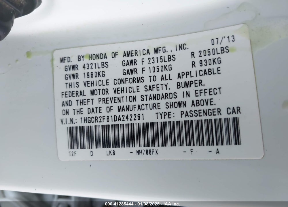 2013 HONDA ACCORD EX-L VIN: 1HGCR2F81DA242261